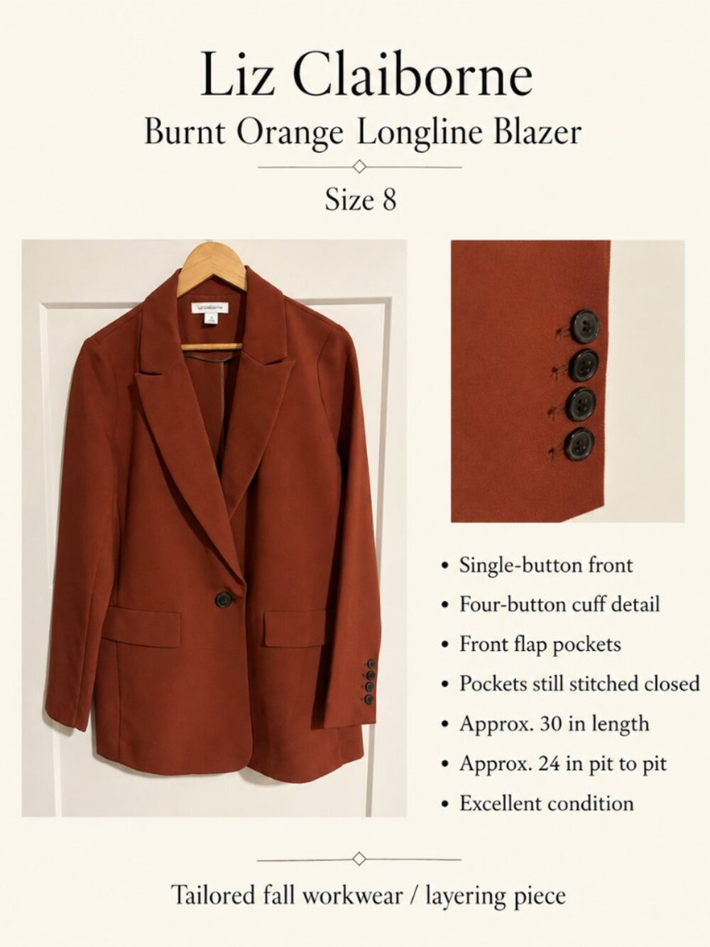 Liz Claiborne Burnt Orange Longline Blazer Size 8 Rust Tailored Workwear